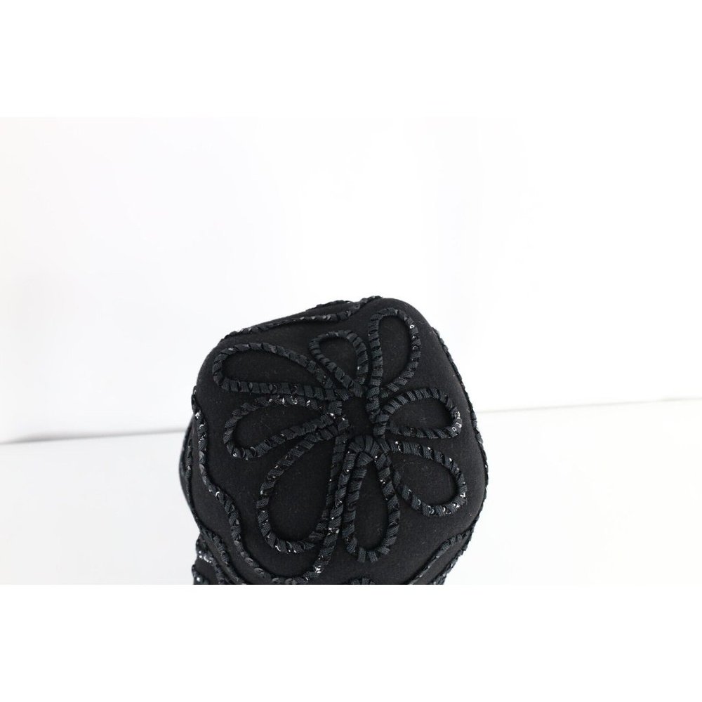 Vintage 50s Rockabilly Wool Felt Sequined Flower Bucket Hat Cap Black Womens USA - Picture 5 of 9